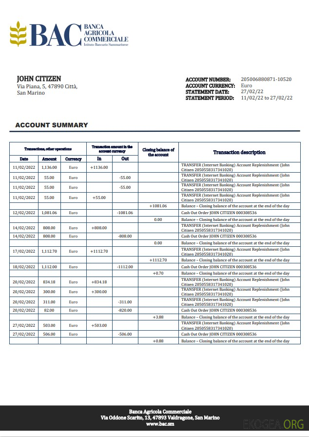 Relevé bancaire de la Banca Agricole Commerciale de Saint-Marin template